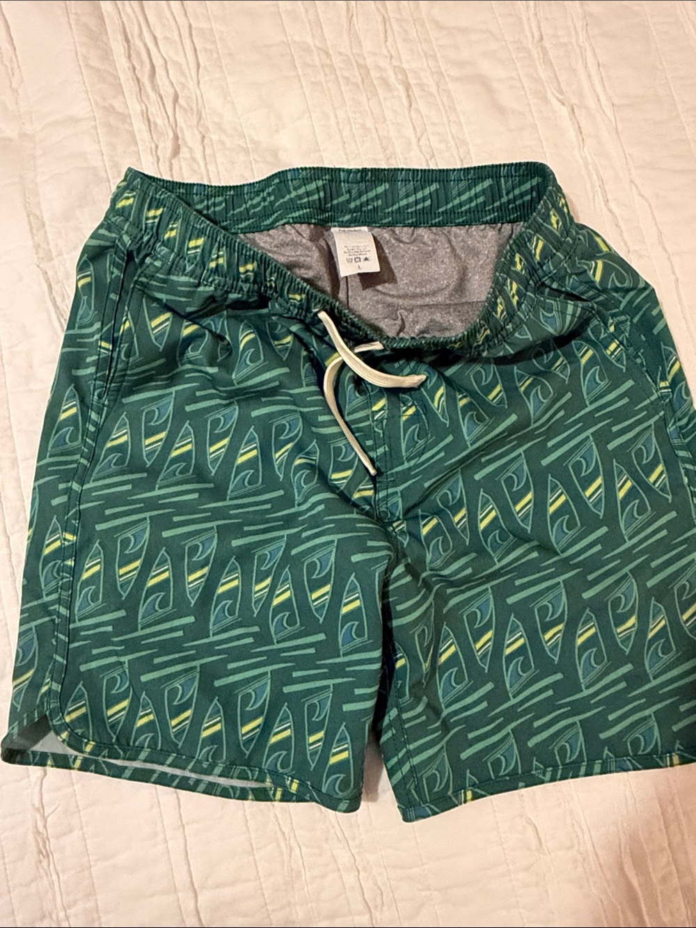 Boys Fair Harbor Green Patterned Swim Trunks - Drawstring Waist L